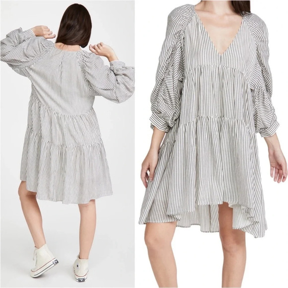 NWOT FRAME Shirred Empire Babydoll Dress Blanc Striped Black and White Large - Picture 2 of 12